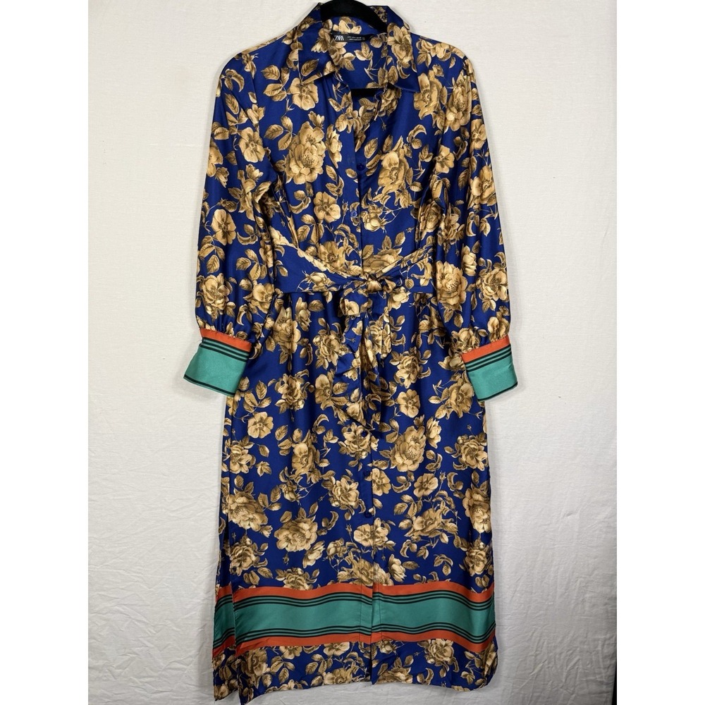 Zara Satin Floral Shirt Dress Blue Gold Tie Waist Long Sleeve Midi Womens Small